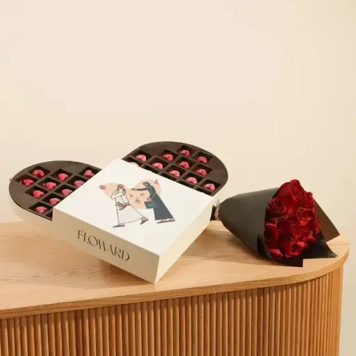 Chocolate Heart Box | Glow of Roses Arrangement